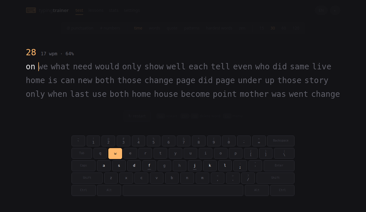 A typing test in progress: a countdown, live words per minute and accuracy, greyed-out upcoming words and an on-screen keyboard highlighting the next key.